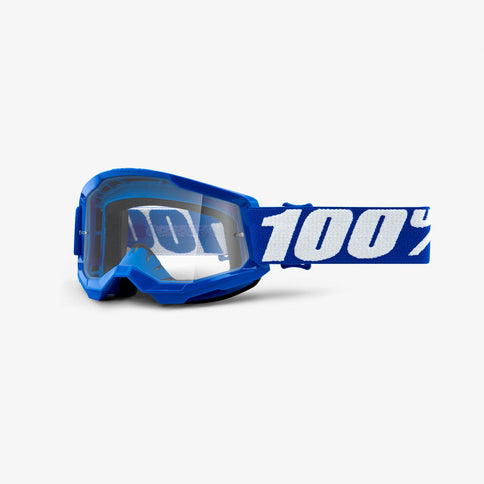 Blue clear MX goggles from 100% STRATA 2 Junior series with reflective lenses and adjustable strap for young motocross riders.
