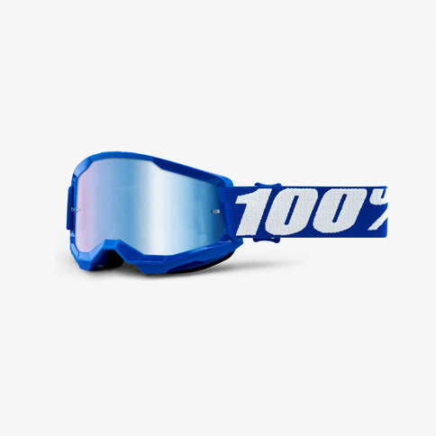 Blue mirror MX goggles from 100% STRATA 2 Junior series with sleek frame and tinted lenses for off-road riding.