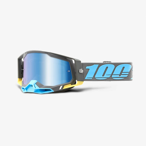 100% Racecraft 2 MX goggles with Trinidad Blue mirror lenses, featuring a sleek design and adjustable strap for motocross riding.