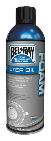 BEL RAY Foam Filter Oil 400ml bottle for air filters, showing the orange liquid inside the container.