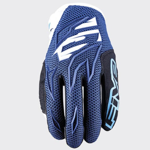 Blue and white MXF3 gloves from FIVE GLOVES, designed for motocross with reinforced palms and flexible fit.