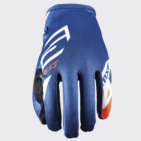 Blue and orange MXF4 gloves from FIVE GLOVES featuring rugged off-road motorcycle glove design.