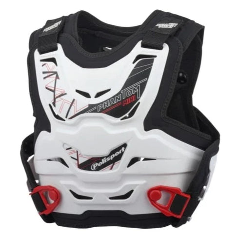White POLISPORT PHANTOM Mini Youth Chest Protector showing padded chest armor for motocross or biking safety.