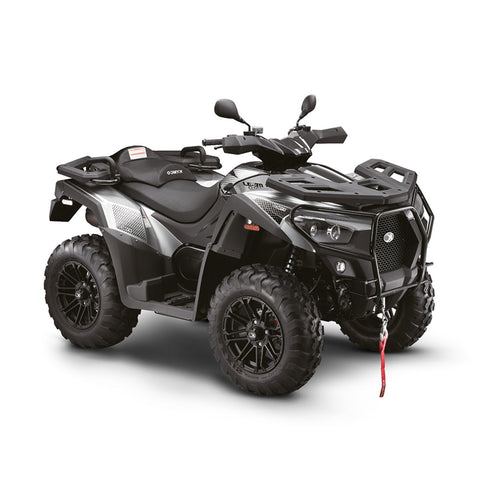KYMCO MXU 700i ATV with rugged tires and off-road design, black and green body, designed for outdoor adventure and utility use.