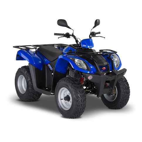 Blue KYMCO MXU 150 ATV shown from the front, featuring rugged tires and sturdy build for off-road adventures.