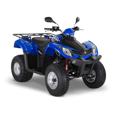 Blue KYMCO MXU 250 all-terrain vehicle with rugged tires and sturdy frame, designed for off-road adventures.