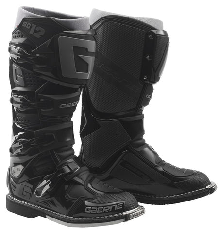 Black GAERNE SG12 MX boots with durable design and secure straps, ideal for motocross riding.