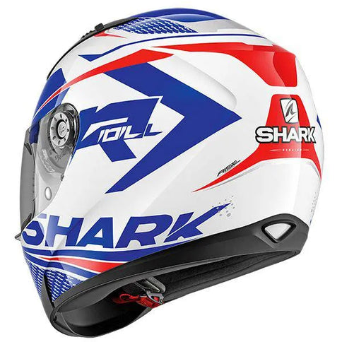 SHARK RIDILL Phaz WBR road helmet in white, blue, and red with aerodynamic design and adjustable straps.