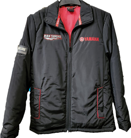 RBS Yamaha brand jacket from RBS Apparel, featuring Yamaha logo, black fabric, and casual fit for motorcycle or casual wear.
