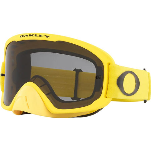 Oakley O-Frame 2.0 Pro MX goggles in yellow with clear lenses, designed for motocross riding and protection.