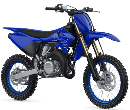 Yamaha YZ85 motocross motorcycle with blue and white body, off-road tires, and racing design.