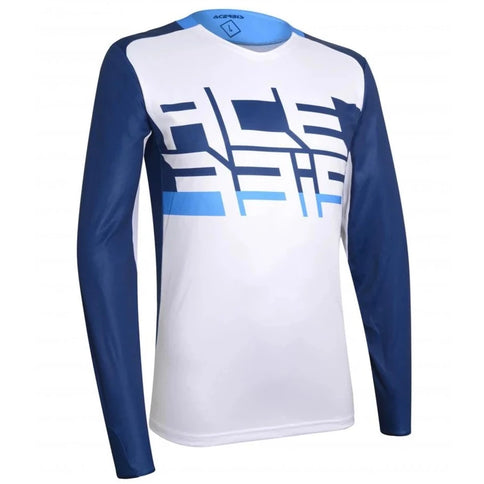 Blue and white SASANSI MX jersey by ACERBIS with breathable fabric and sporty design, suitable for motocross riding.
