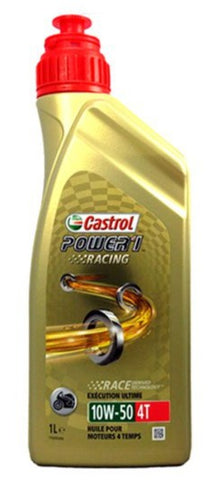 Castrol Power 1 Racing 4T 10W-50 motor oil bottle, high-performance motorcycle engine oil for optimal racing and riding performance.