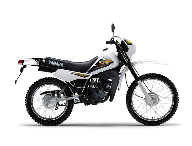 Yamaha DT 175 dual sport motorcycle with rugged tires and classic design, ready for off-road and street riding.