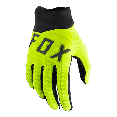 Yellow FOX MX 360 Gloves with padded palms and adjustable cuffs, designed for motocross riding comfort and protection.
