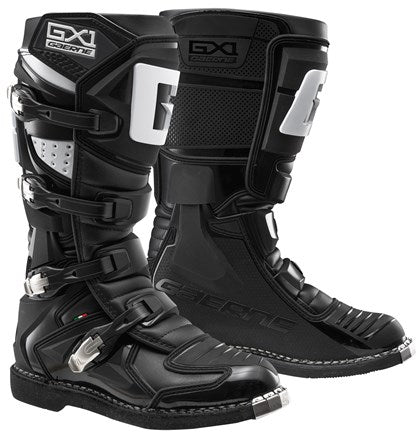 GAERNE GX1 Black MX boots with sturdy black leather and secure buckles for motocross riding.