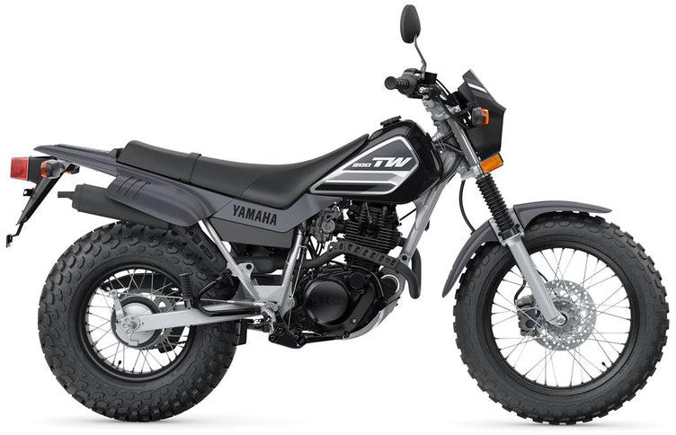 Yamaha TW200 dual sport motorcycle with off-road tires and rugged design, shown from the front side view