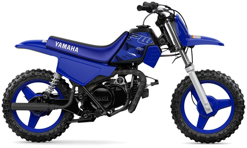 Yamaha PW50 off-road mini motorcycle with black frame and knobby tires, designed for young riders and off-road adventures.
