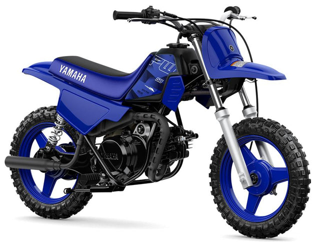 Yamaha PW50 off-road mini motorcycle with black frame and knobby tires, designed for beginner riders and off-road adventures.