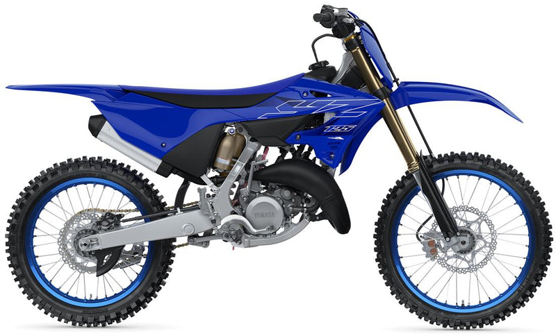 Yamaha YZ 125 off-road motorcycle with knobby tires and sporty design, ready for dirt trail riding.