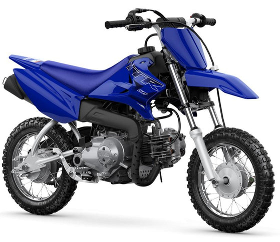 Yamaha TTR50E off-road dirt bike with knobby tires and safety features, ideal for young riders and outdoor adventures.