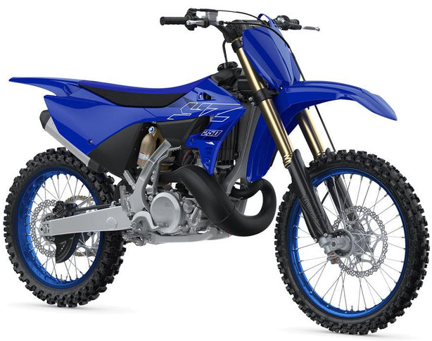 Yamaha YZ250 motocross motorcycle with black and yellow body, off-road tires, and racing design.