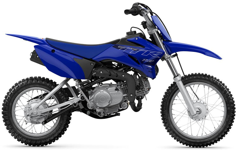 Yamaha TTR110 off-road dirt bike with knobby tires and handlebars, suitable for beginner riders.
