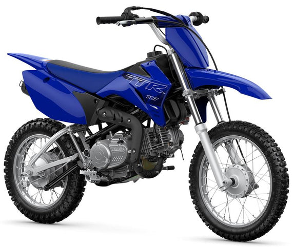 Yamaha TTR110 off-road dirt bike with knobby tires, sturdy frame, and handlebar controls ready for outdoor riding.