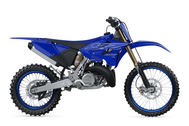 Yamaha YZ250X 2024 off-road dirt bike with rugged tires, sleek blue and white body, and aggressive design for motocross riding.