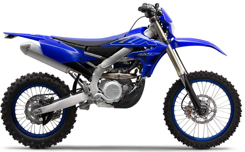 Yamaha WR450F off-road motorcycle with rugged tires and sporty design, ready for dirt trail riding.