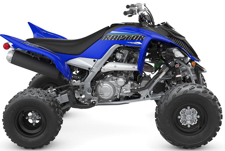 Yamaha RAPTOR 700 ATV with rugged tires, front and rear suspension, and a sporty design for off-road riding.