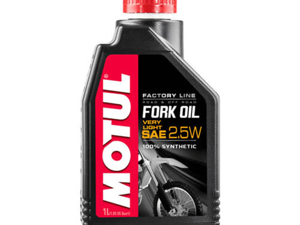Motul Fork Oil 2.5W 1L bottle, light-colored motorcycle fork oil for smooth suspension performance.