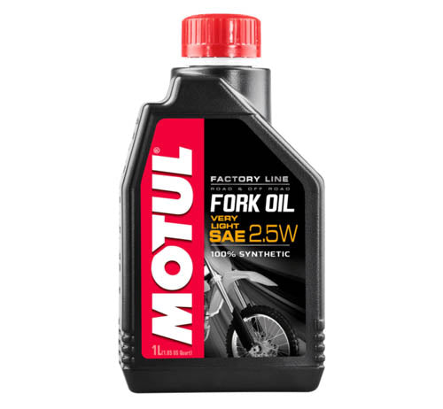 Motul Fork Oil 2.5W 1L bottle, light-colored motorcycle fork oil for smooth suspension performance.
