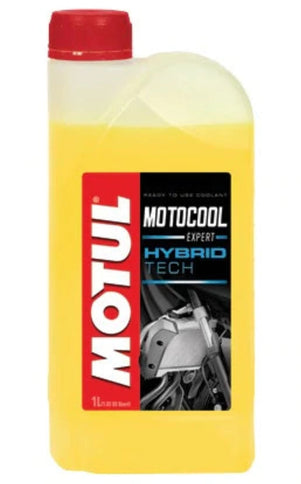 Motul MotoCool 1L motorcycle coolant bottle with label and cap, designed for cooling motorcycle engines effectively.