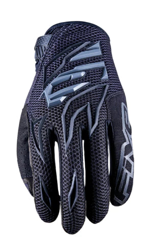Black MFX3 MX gloves by FIVE GLOVES, close-up of the durable, padded racing gloves designed for motocross riding.