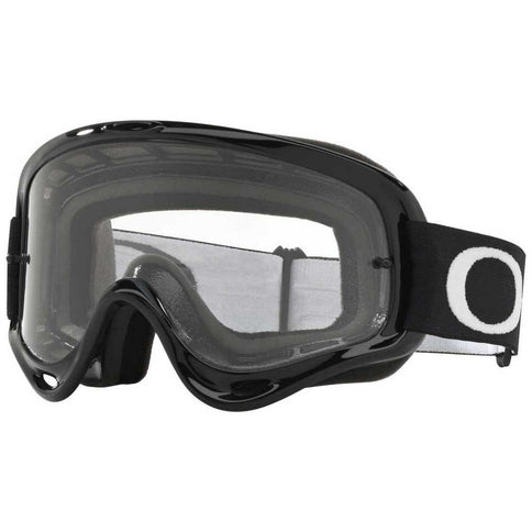 Black and clear O-Frame MX goggles by Oakley with adjustable strap and protective lens for motocross riding.