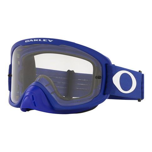 Oakley O-Frame 2.0 Pro MX goggles with blue clear lens and sturdy frame, designed for motocross riding.