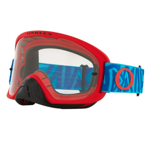 Oakley O-Frame 2.0 Pro MX goggles with red frame and clear lens, designed for motocross riding.