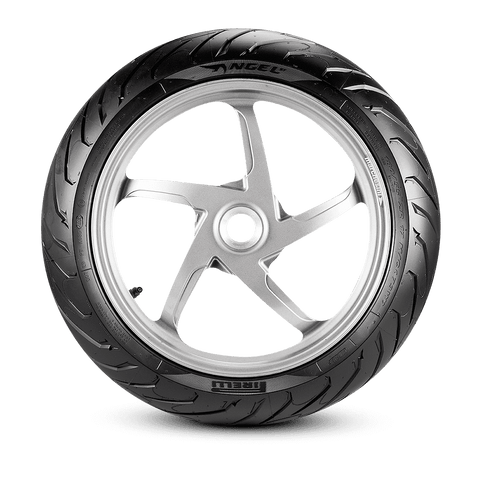 Pirelli Angel ST motorcycle tire with 120/70/17 size, showing the tread pattern and sidewall design for street riding.
