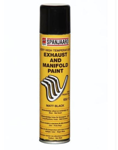 SPANJAARD exhaust and manifold paint can with black heat-resistant coating for automotive exhaust parts.