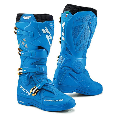TCX COMP EVO 2 Blue MX boots with reinforced ankle support and durable construction, designed for motocross riding.