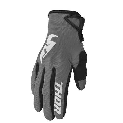 Grey THOR SECTOR MX gloves showing textured palm and adjustable wrist strap, designed for motocross riding.
