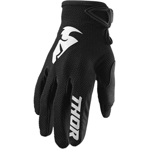 Black THOR Sector MX gloves with padded palms and adjustable wrist straps, designed for motocross riding.