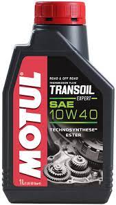 Bottle of MOTUL Transoil Expert 10W40 transmission oil in a 1-liter container, designed for vehicle gear transmissions.