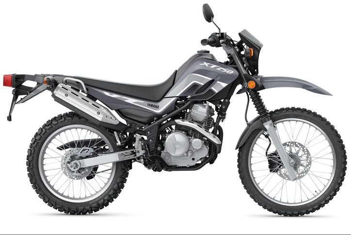 Yamaha XT250 motorcycle with rugged off-road tires and sporty design, ready for adventure on dirt trails and rugged terrain.