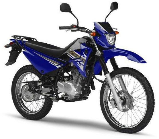 Yamaha XTZ 125 motorcycle in black, featuring a rugged design and off-road tires, parked on a rural trail.