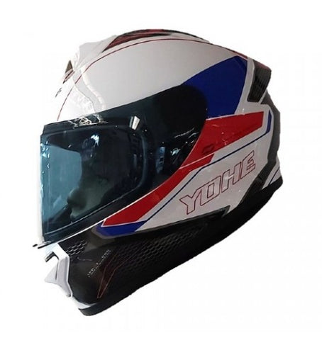 White and blue YOHE 977 road helmet with a glossy finish, featuring a sleek aerodynamic design for cycling safety.